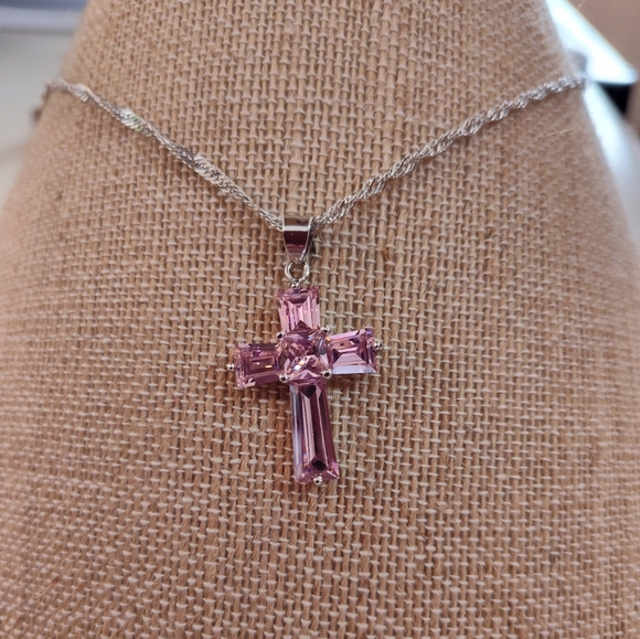 Religious -  New Pink Sapphire Cross Necklace - Picture 2 of 4
